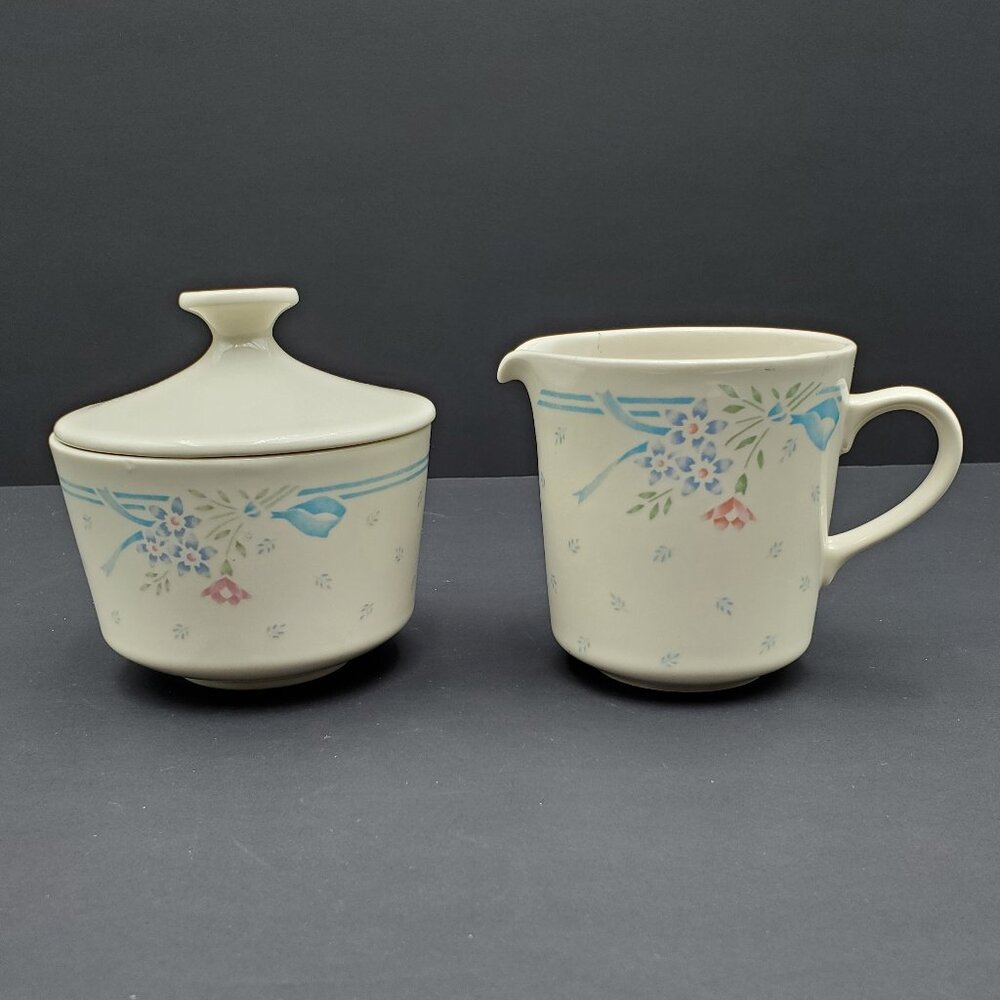 Corningware Symphony Creamer Sugar Bowl Lid Pink Blue Flowers on Cream
